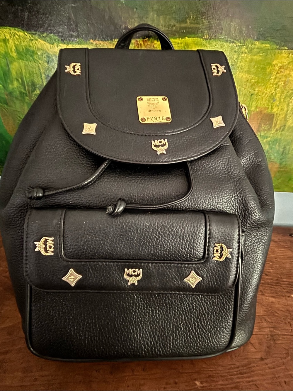 Vintage MCM Black Leather Visetos Logo Backpack with Gold Accents - Picture 13 of 17